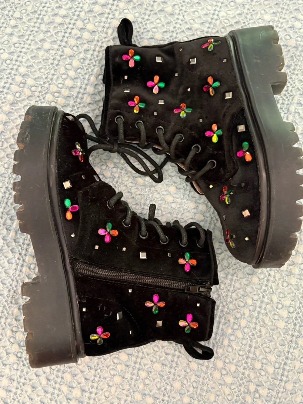 Betsey Johnson Kids Embry Black Velvet Easy On and Off Combat Boots Size 13 M